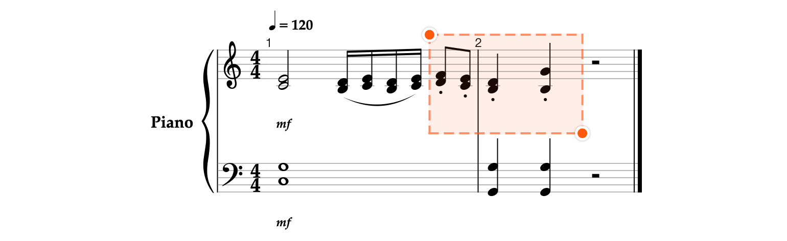 The selected notes on the treble clef staff