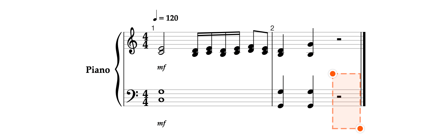 Half rest at the end of the second bar on the bass clef staff