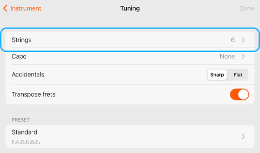 Number of strings in the Tuning tool