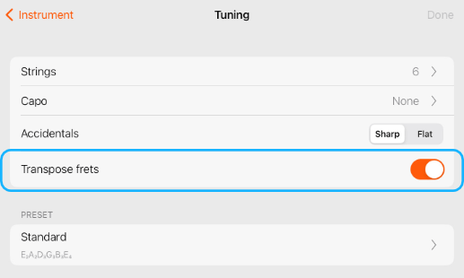 Transpose frets option in the Tuning tool