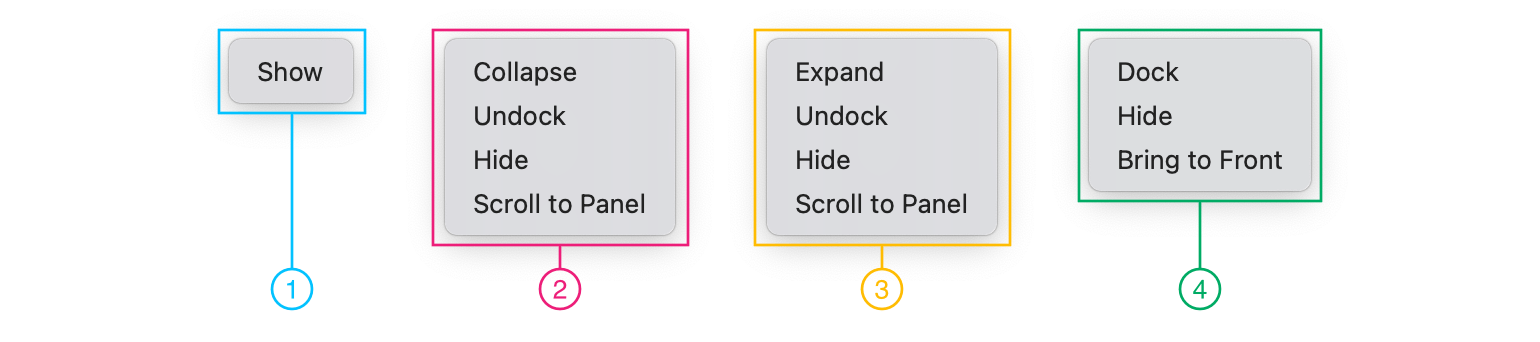 Context menus of the tool button for different states of its panel