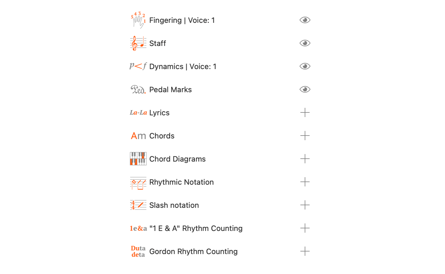 Notation Forms list in the Instrument editor overview