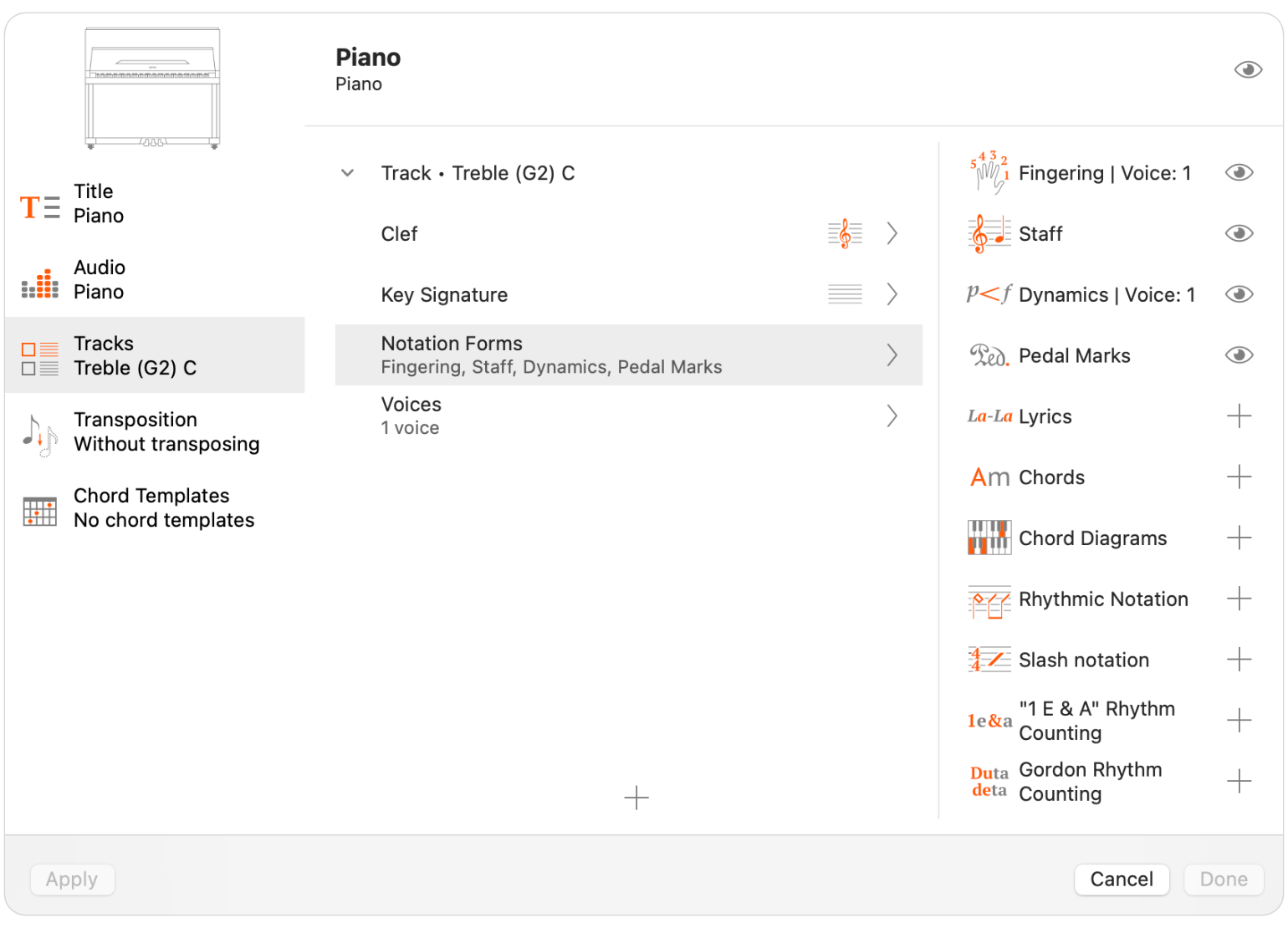 Notation forms of the track in the Instrument editor