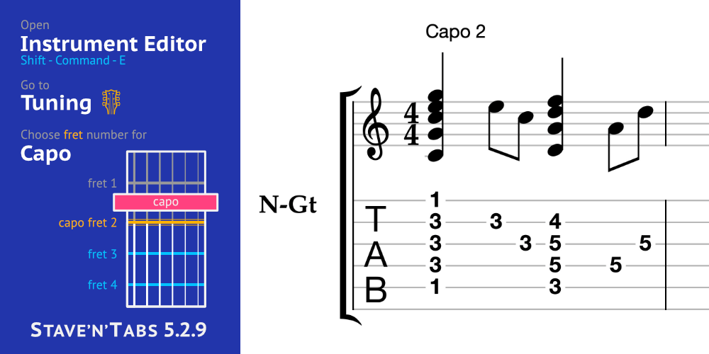 Stave'n'Tabs Release 5.2.9: Fixes and number of fret for capo displayed in the musical score
